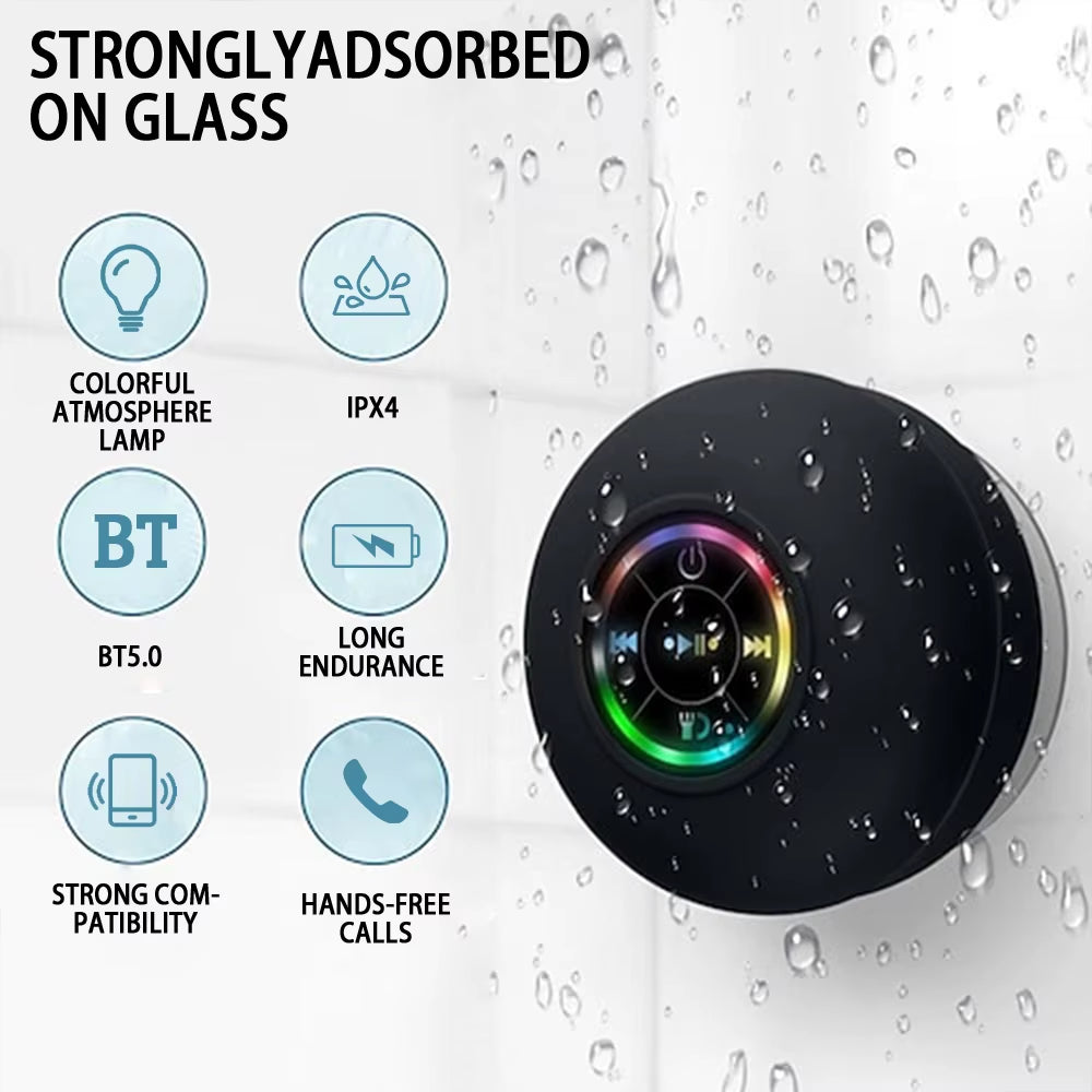 LED Light Wireless Bluetooth Speaker, IPX4 Waterproof with Suction Cup, Mini Portable Stereo Loudspeaker for Outdoor & Bathroom